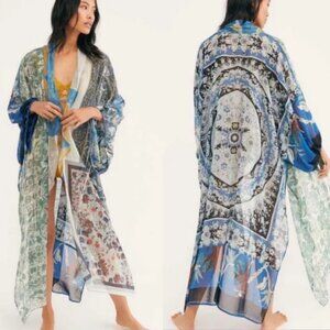 Free People Kimono Keeping Up With Indigo Mixed Print Sheer Lightweight One Size